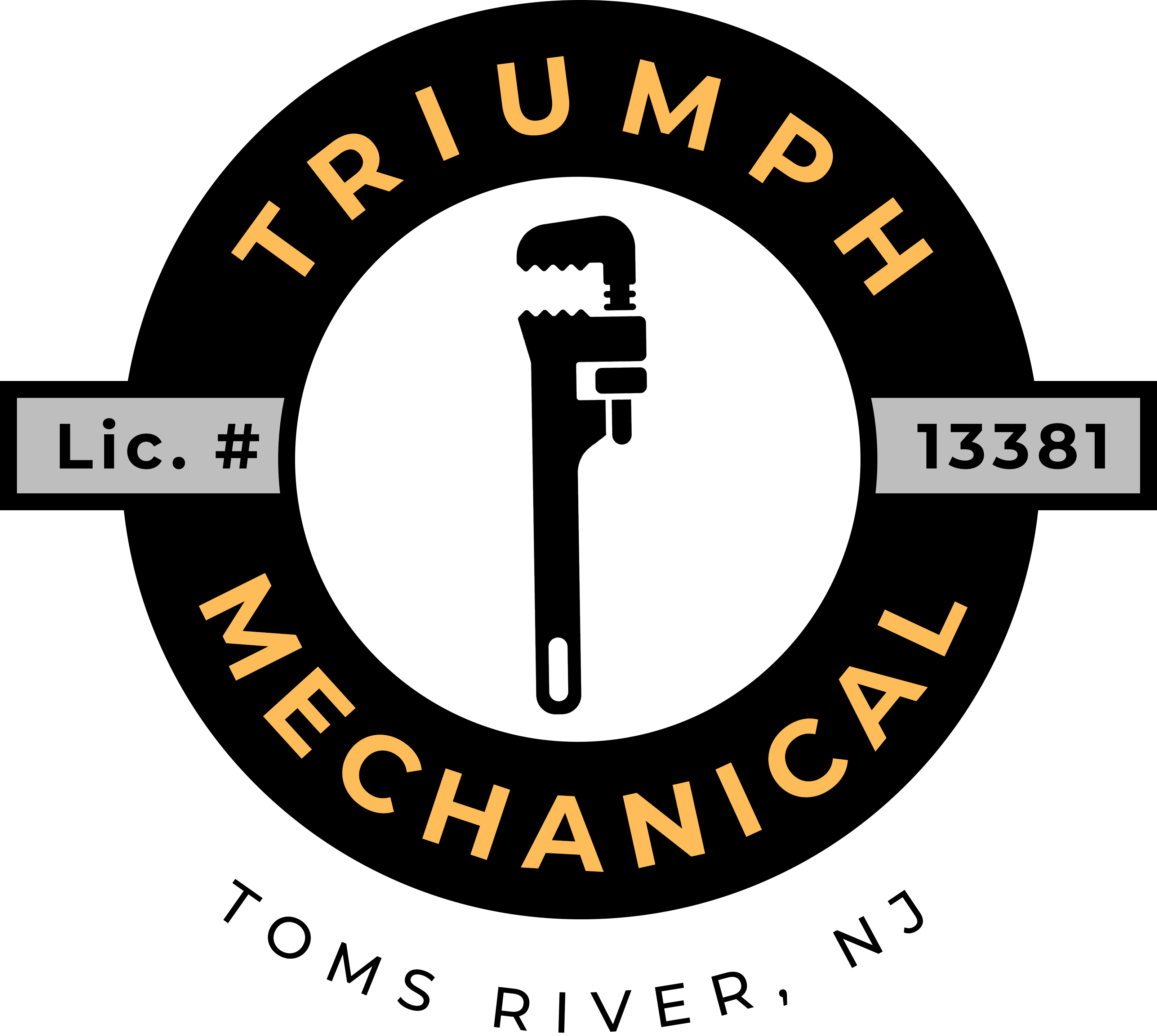 Logo of Triumph Mechanical, a Toms River, NJ based company, featuring a black circle with a white border, company name, location, and a wrench in the center.