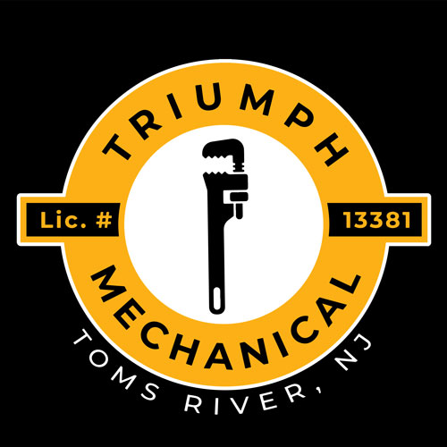 Logo of Triumph Mechanical, a Toms River, NJ based company, featuring a black circle with a yellow ring, a central black wrench with a white outline, and the company name and location in white letters.